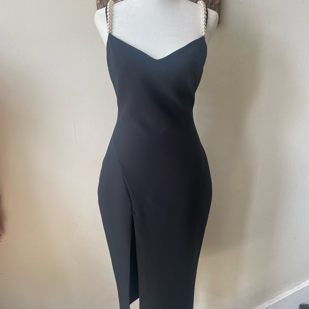 Black Midi Dress with Pearl Straps.